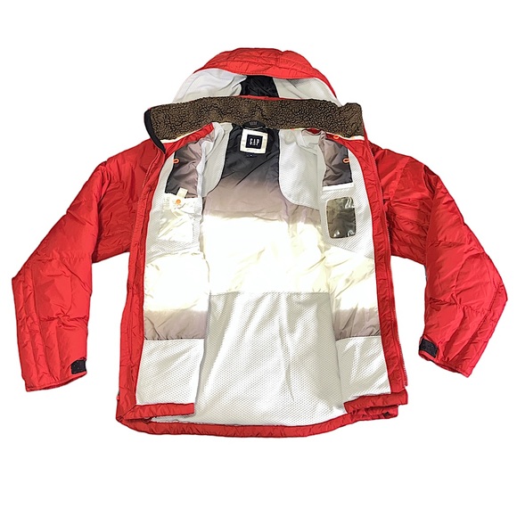 GAP Red Puffer Down MultiCompartment Zip-Up Coat Removable Hood Jacket Unisex A9 - Picture 3 of 16